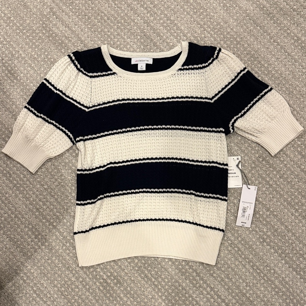 Liz Claiborne Short-Sleeve Striped Crew Sweater — Navy & Cream